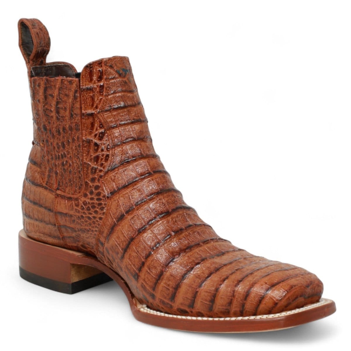 Men's Caiman Belly Print Square Toe Ankle Boots in Cognac - Tanner Mark Boots