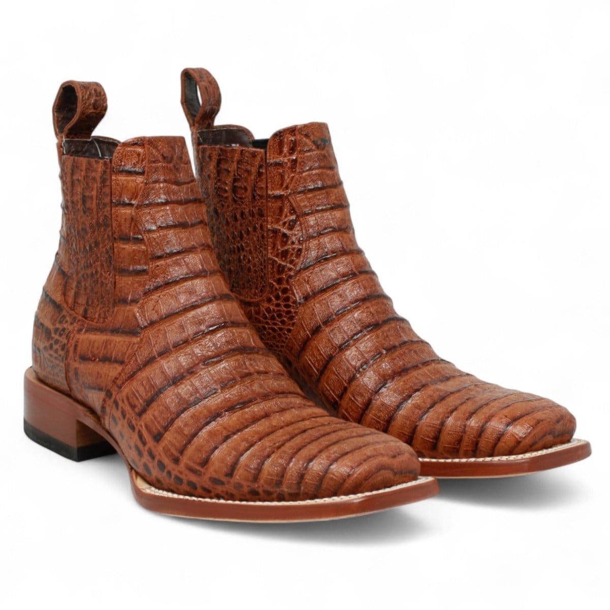 Men's Caiman Belly Print Square Toe Ankle Boots in Cognac - Tanner Mark Boots