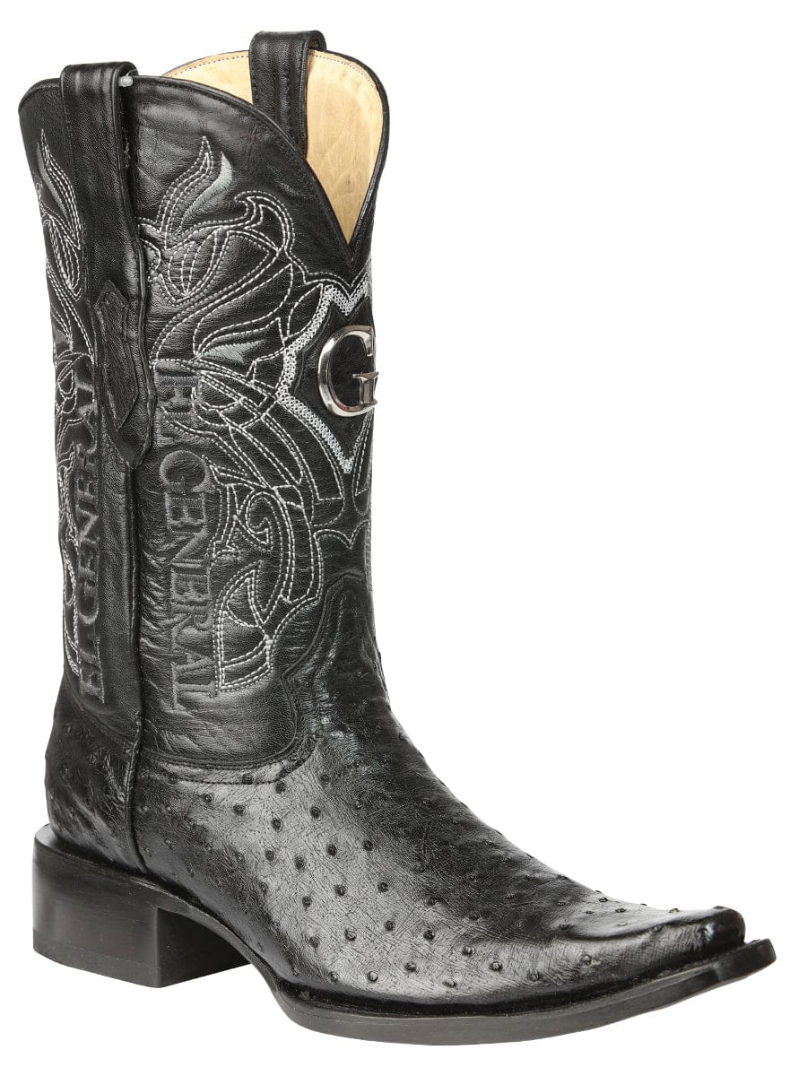 El General Western Wear El General Men's Exotic Ostrich Leather Cowboy Boots - Black 45075 side view