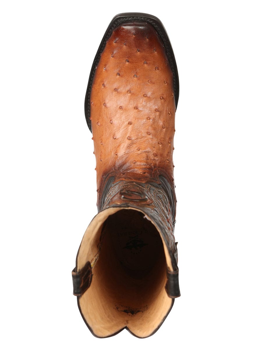 El General Western Wear El General Men's Exotic Ostrich Leather Cowboy Boots - Cognac 45517 top view