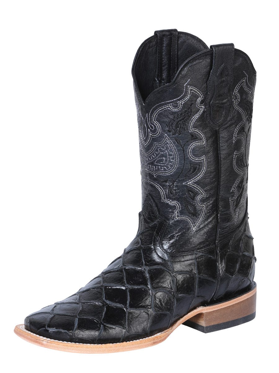 El General Men’s Square Toe Leather Cowboy Boot- Printed Pirarucu Black 41792 - Side View