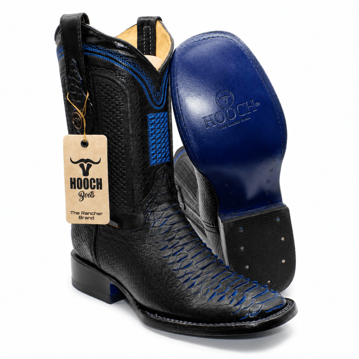 Hooch Boots Men's Handcrafted Black Python Print Genuine Leather Square Toe Western Boots - Side/Sole View