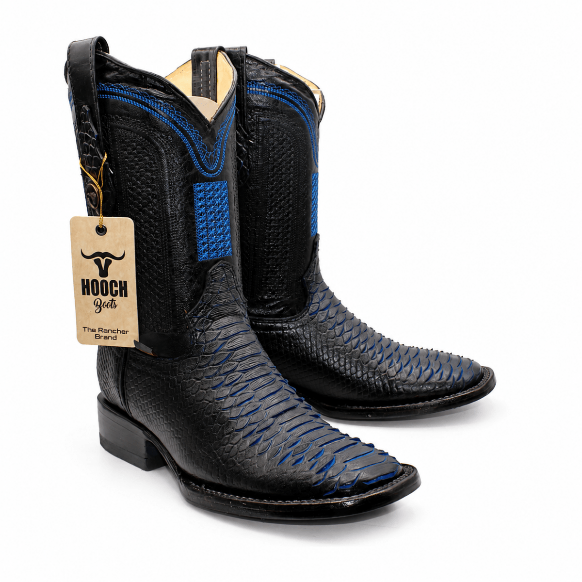 Hooch Boots Men's Handcrafted Black Python Print Genuine Leather Square Toe Western Boots - Pair Side View