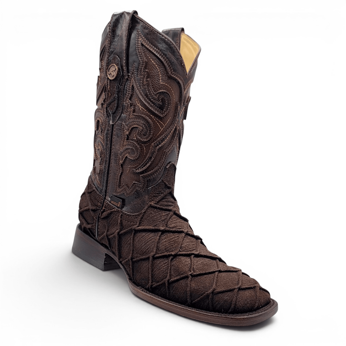 Hooch Boots Men's Handcrafted Chocolate Brown Pirarucu Print Nubuck Leather Square Toe Western Boots - Side View
