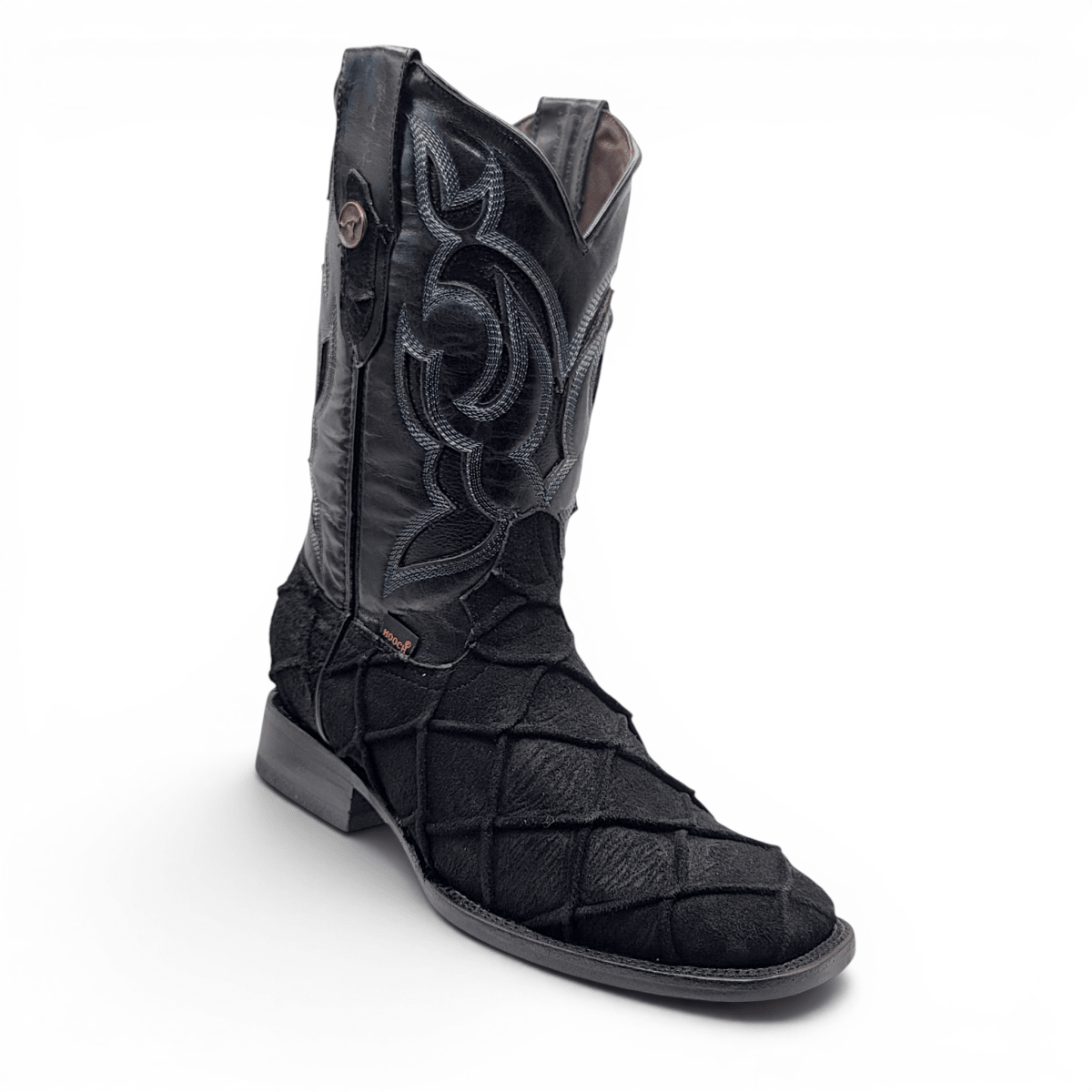 Hooch Boots Men's Handcrafted Nubuck Leather Black Pirarucu Print Square Toe Western Boots - Side View