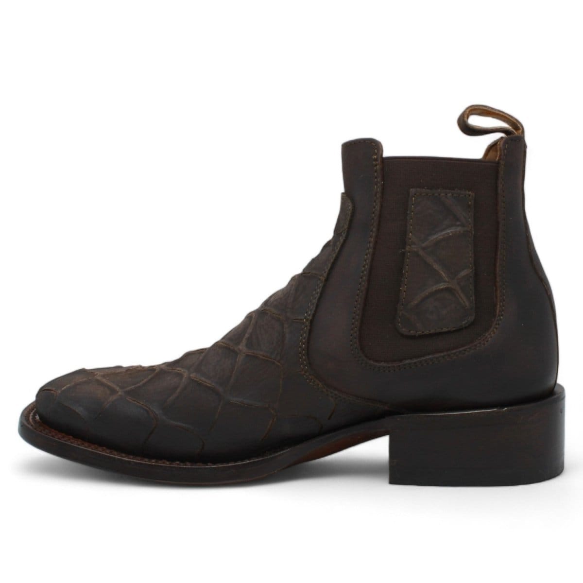 Hooch Boots Fish Print Leather Square Toe Ankle Boots - Chocolate