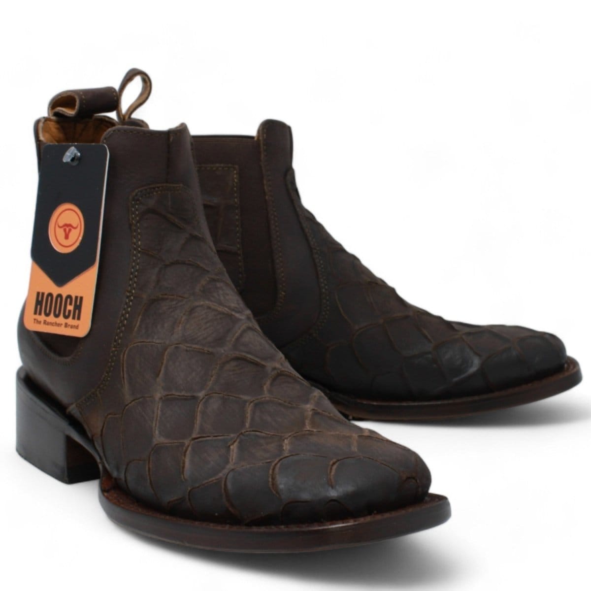 Hooch Boots Fish Print Leather Square Toe Ankle Boots - Chocolate