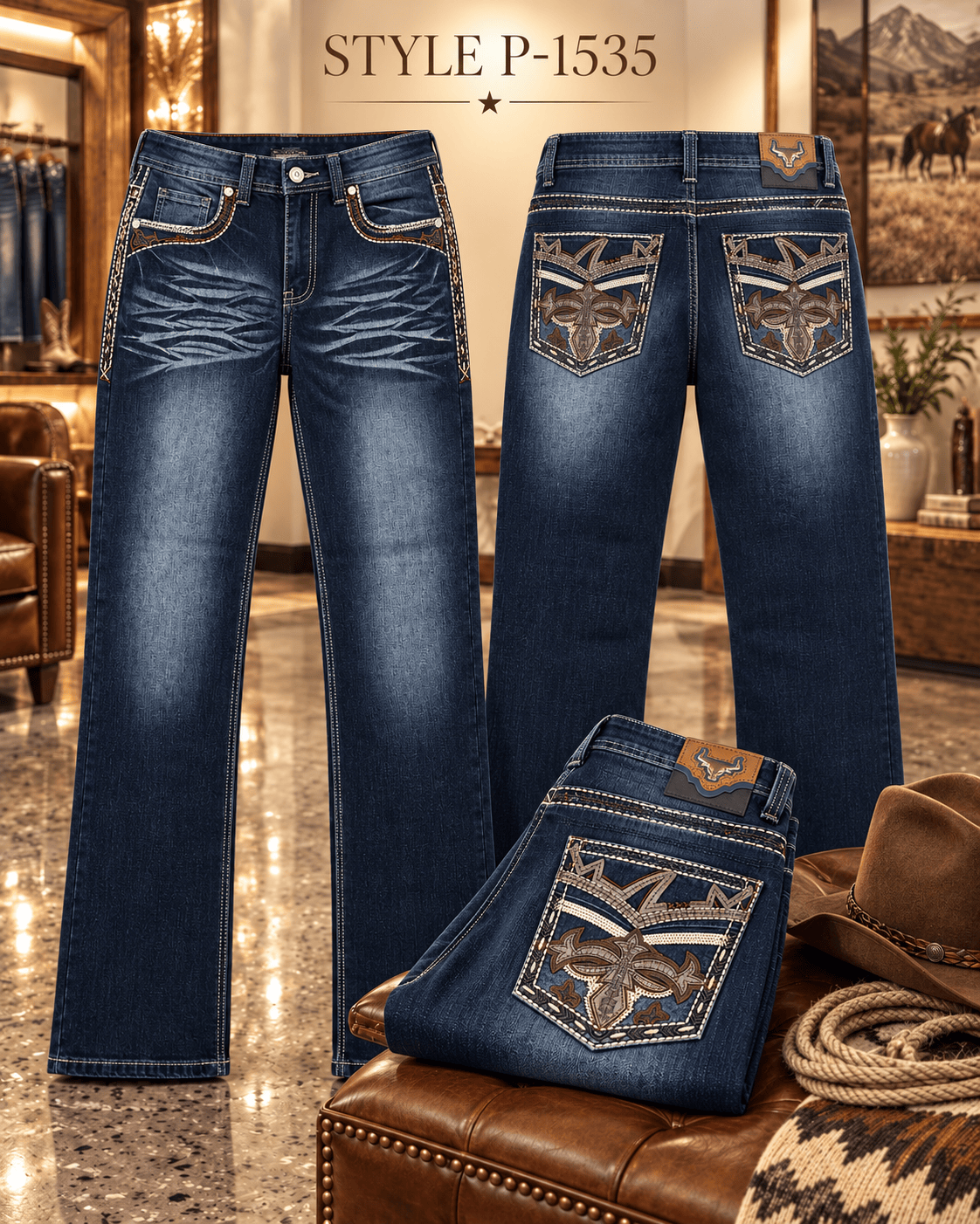 Hooch Boots Jeans Men's Dark Blue Western Bootcut Jeans with Cross Embroidery – P-1535