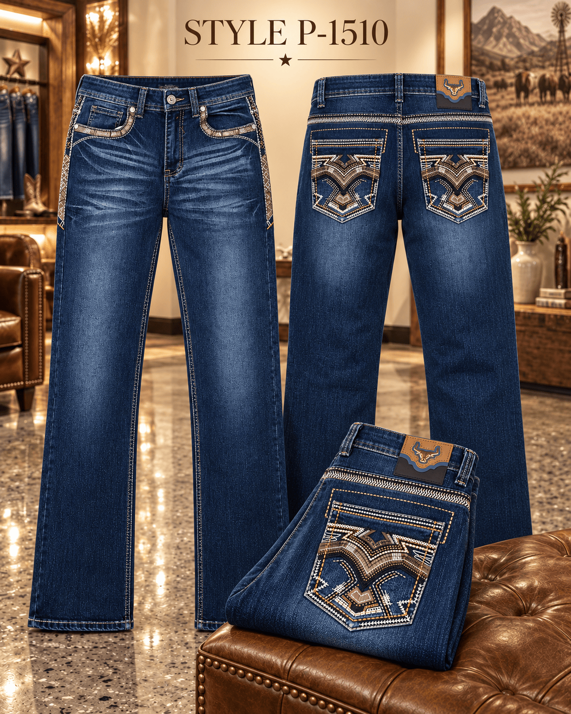 Hooch Boots Jeans Men's Dark Blue Western Bootcut Jeans with Embroidered Pockets – P-1510