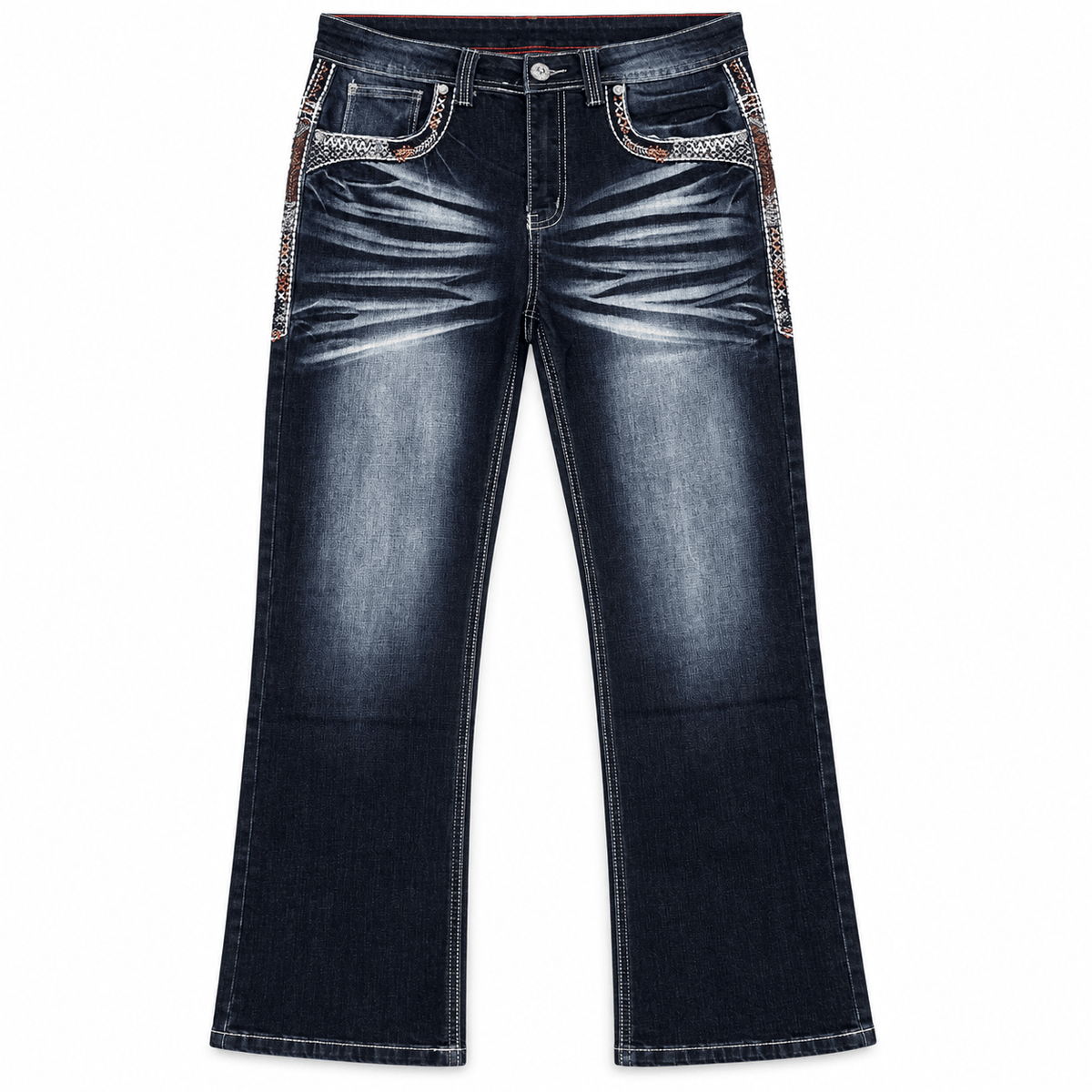 Hooch Boots Jeans Men's Dark Blue Western Bootcut Jeans with Geometric Embroidery – P-1485