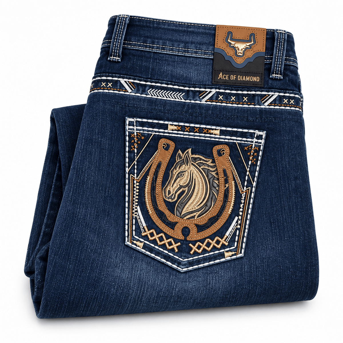 Hooch Boots Jeans Men's Dark Blue Western Bootcut Jeans with Horse Embroidery – P-1365