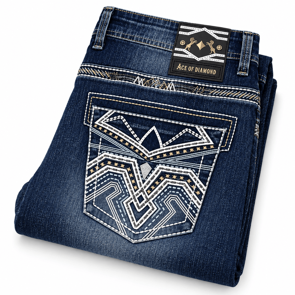 Hooch Boots Jeans Men's Dark Blue Western Bootcut Jeans with White Embroidery – P-1430