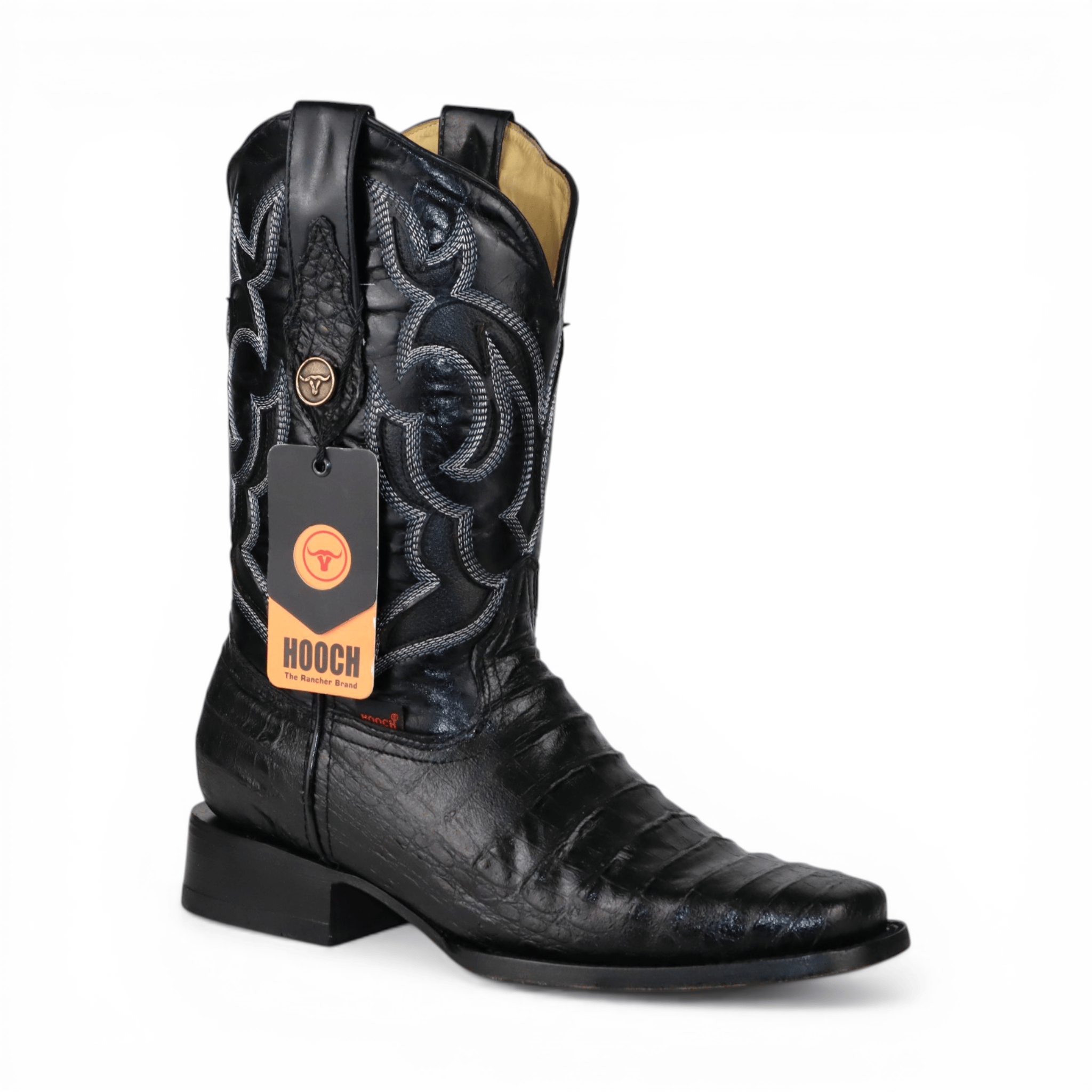 Hooch Boots Men’s Caiman Belly Print Square Toe Boots Black Color – Hooch Boots