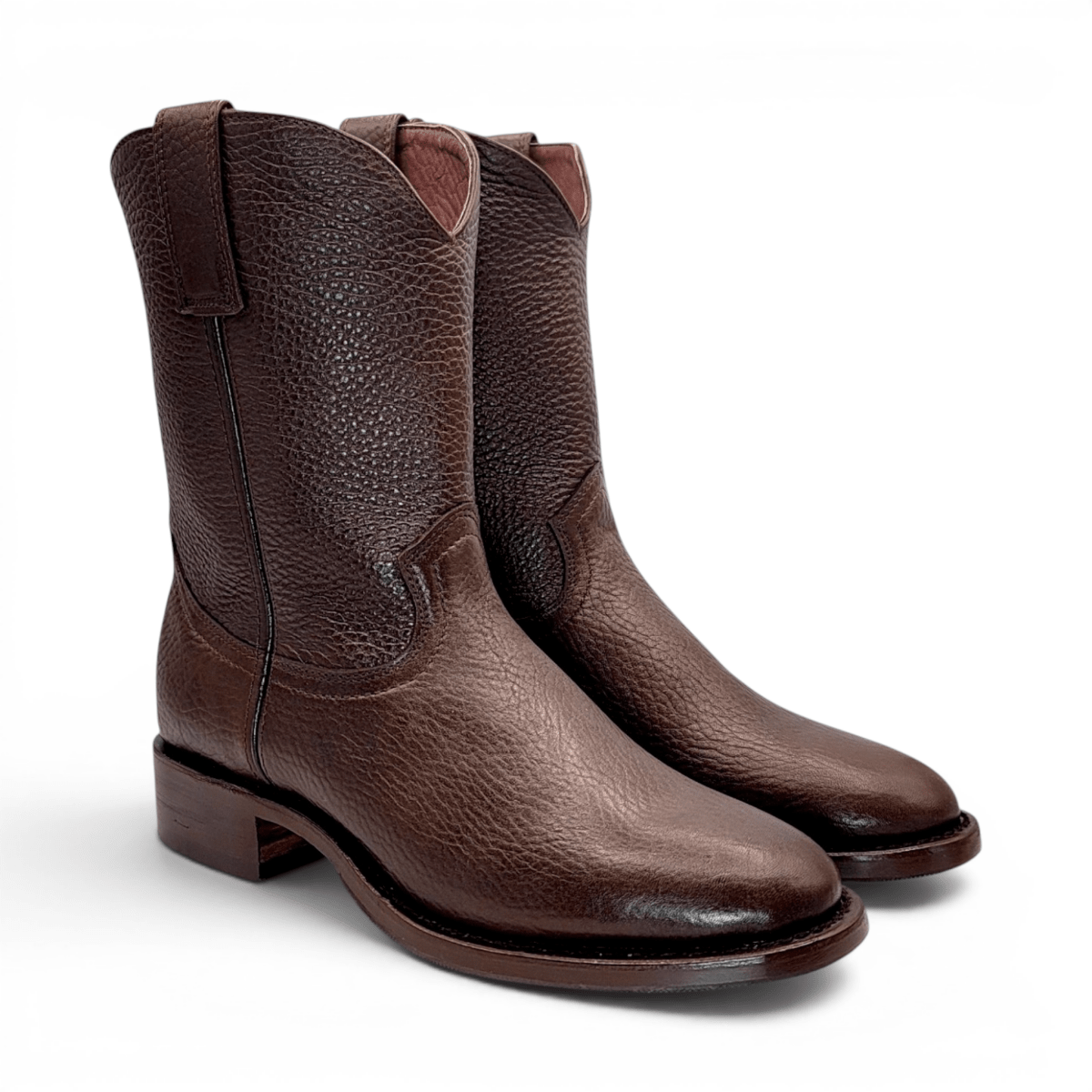 Hooch Boots Men's Handcrafted Brown Soft Genuine Leather Round Toe Roper Western Boots - Pair Side View