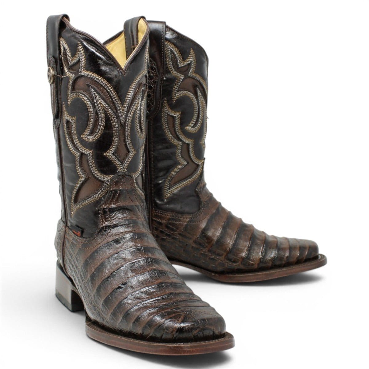 Hooch Boots Men's Handcrafted Chocolate Caiman Belly Print Genuine Leather Rodeo Toe Western Boots - pair Side View