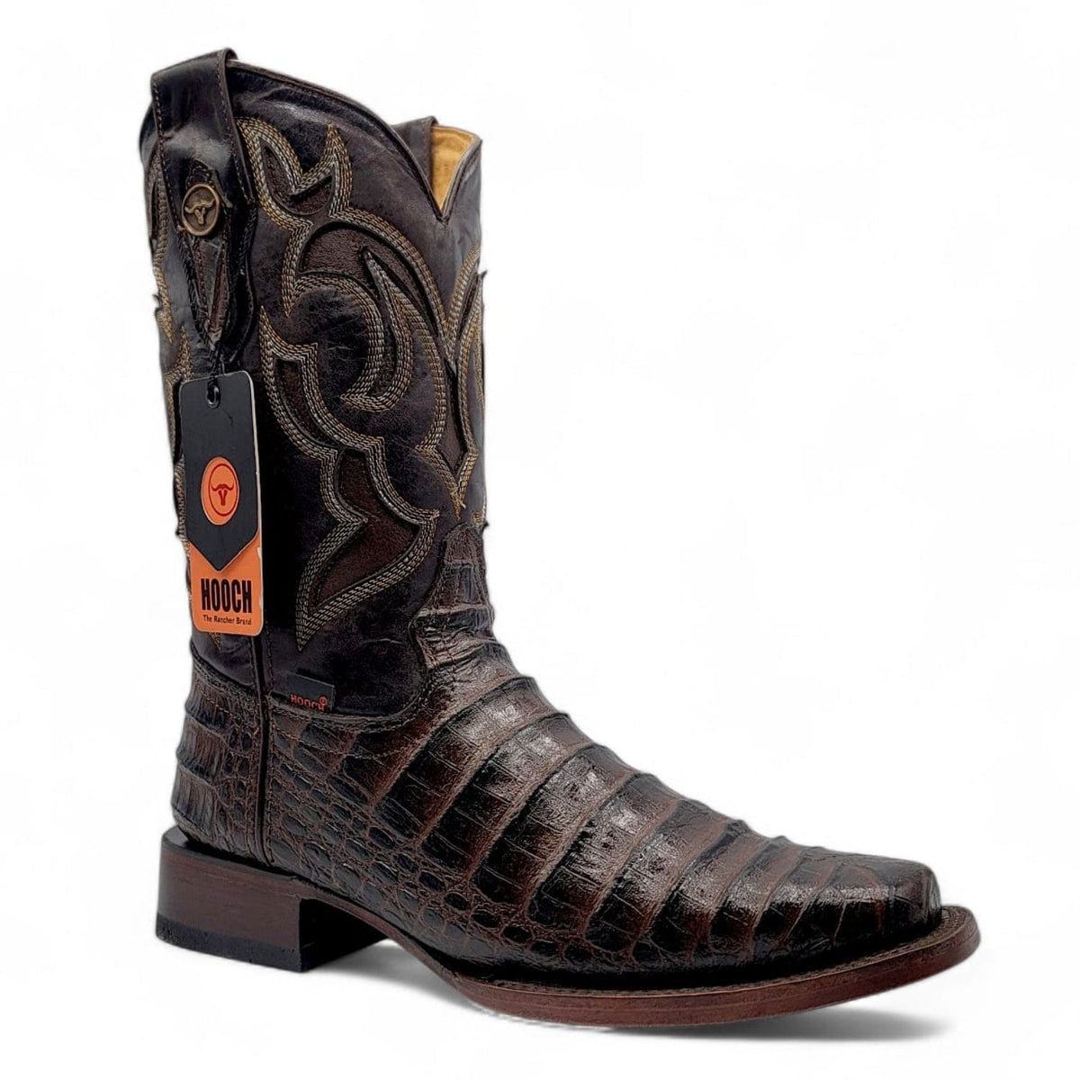 Hooch Boots Men's Handcrafted Chocolate Caiman Belly Print Genuine Leather Wide Square Toe Western Boots - Side View