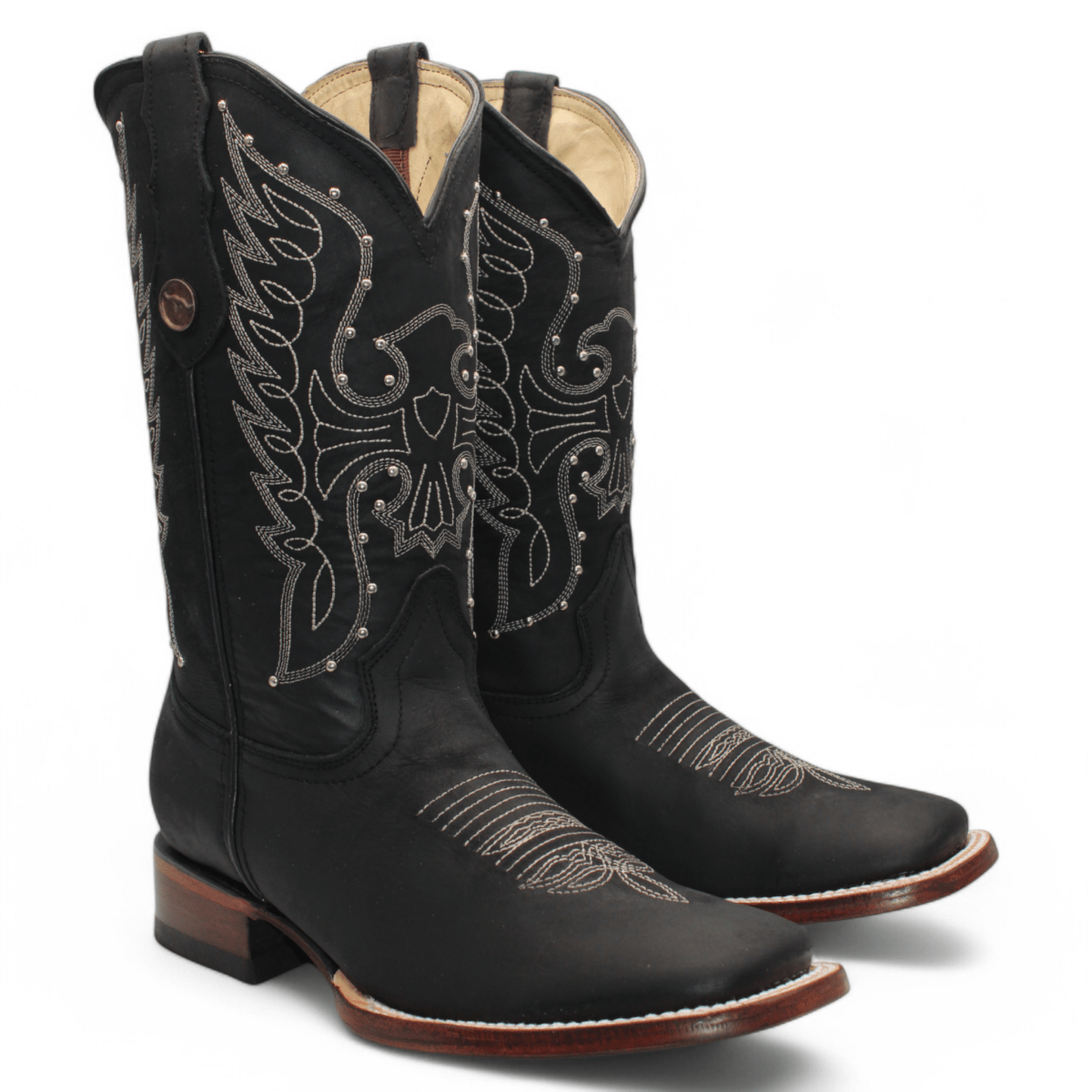 Hooch Boots Women's Handcrafted Black Genuine Crazy Horse Leather Wide Square Toe Western Boots - Pair Side View