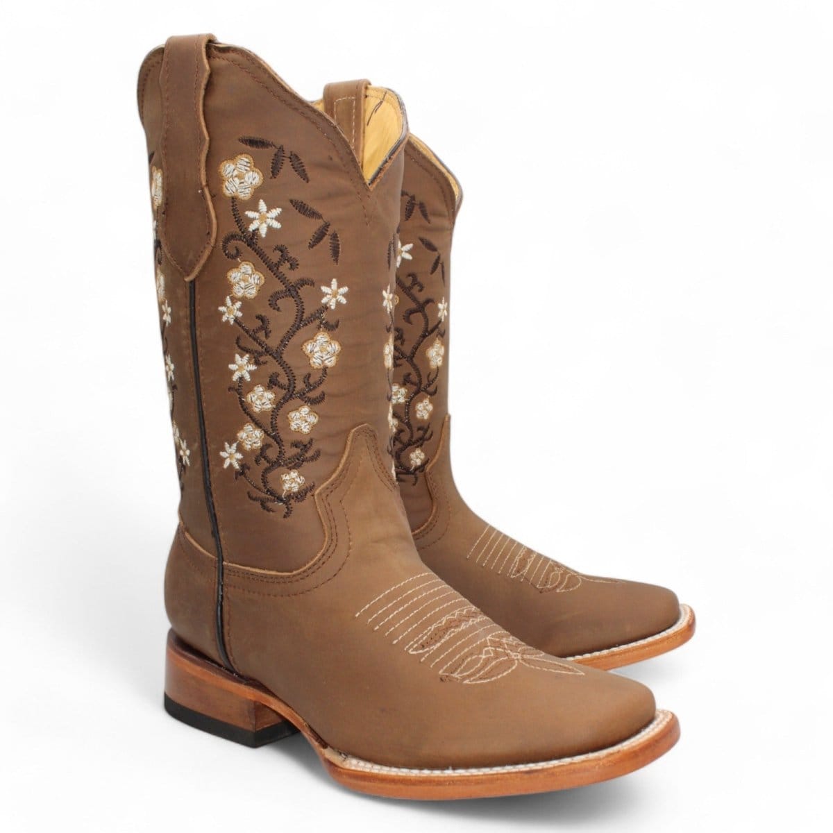 Hooch Boots Women's Handcrafted Tan Genuine Crazy Horse Leather Wide Square Toe Western Boots - pair Side View