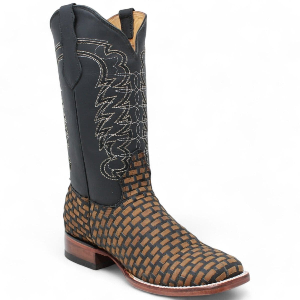 Hooch Boots Women's Handcrafted Black and Tan Woven Petatillo Print Genuine Leather Wide Square Toe Western Boots - Side View