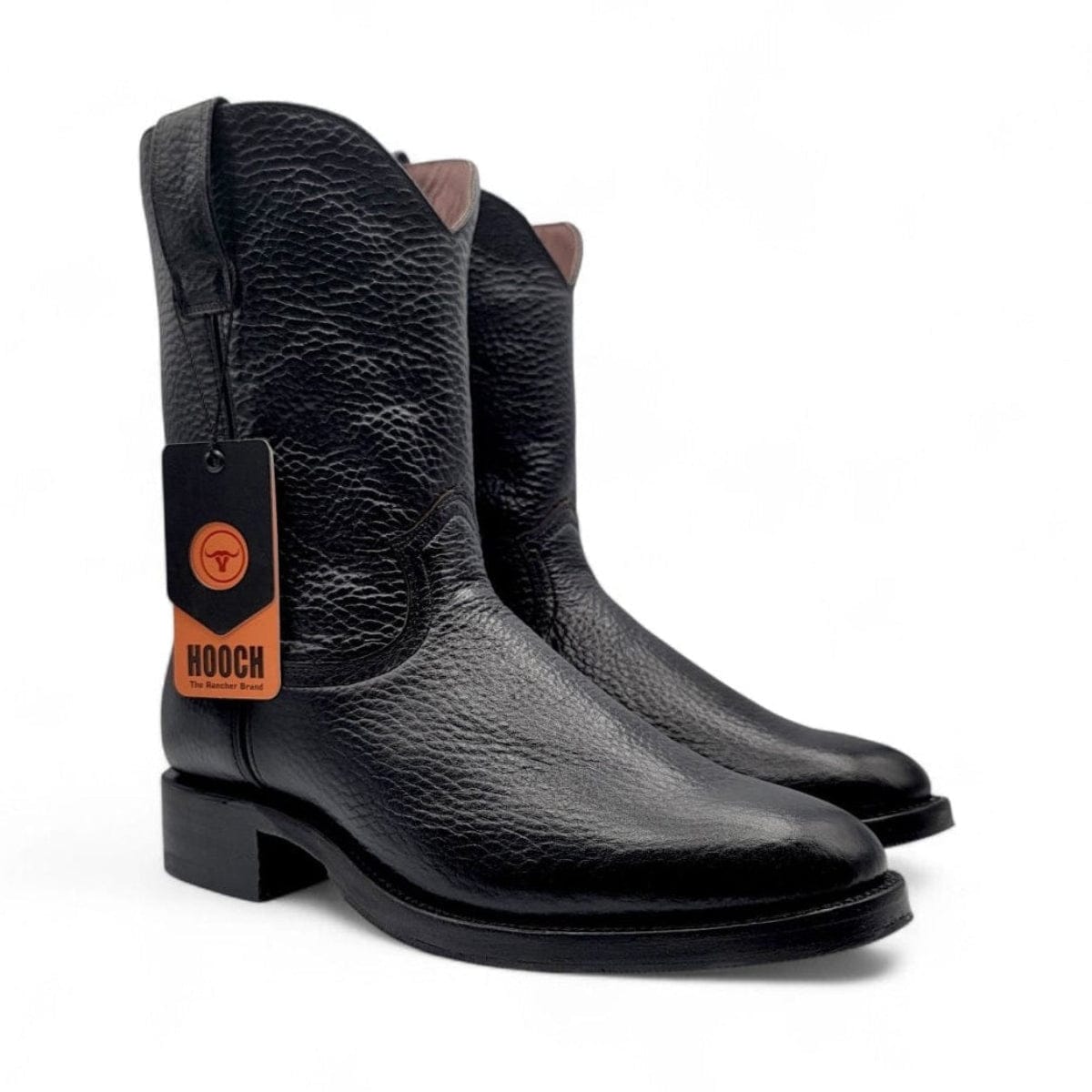 Hooch Boots Men's Handcrafted Black Soft Genuine Leather Oval Roper Toe Short Boots - Pair Side View