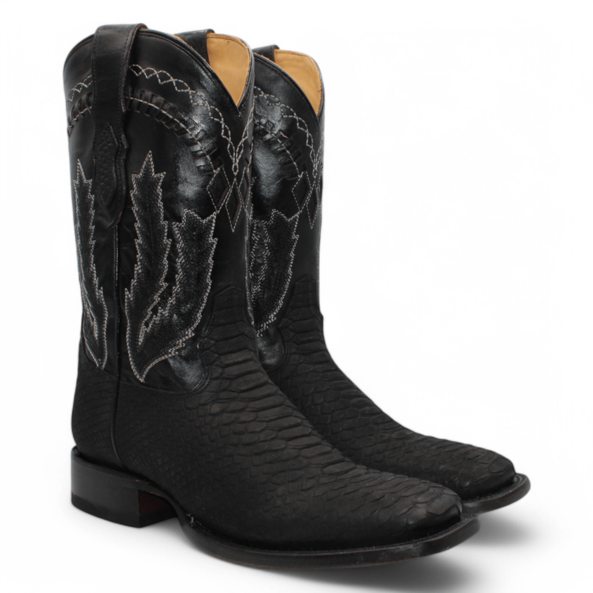 Hooch Boots Men's Handcrafted Black Python Print Leather Wide Square Toe Western Boots - Pair Side View