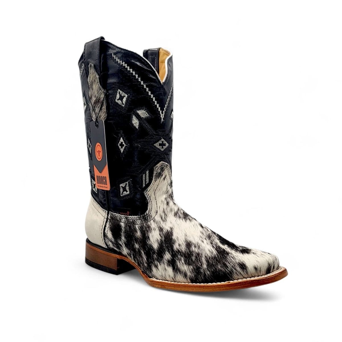 Hooch Boots Men's Handcrafted Black and White Hair-On Cowhide Leather Square Toe Western Boots - Side View
