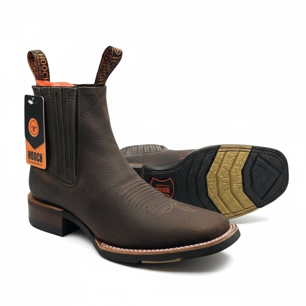 Hooch Boots Men's Handcrafted Chocolate Brown Genuine Leather Square Toe Western Ankle Boots - Side/Sole View