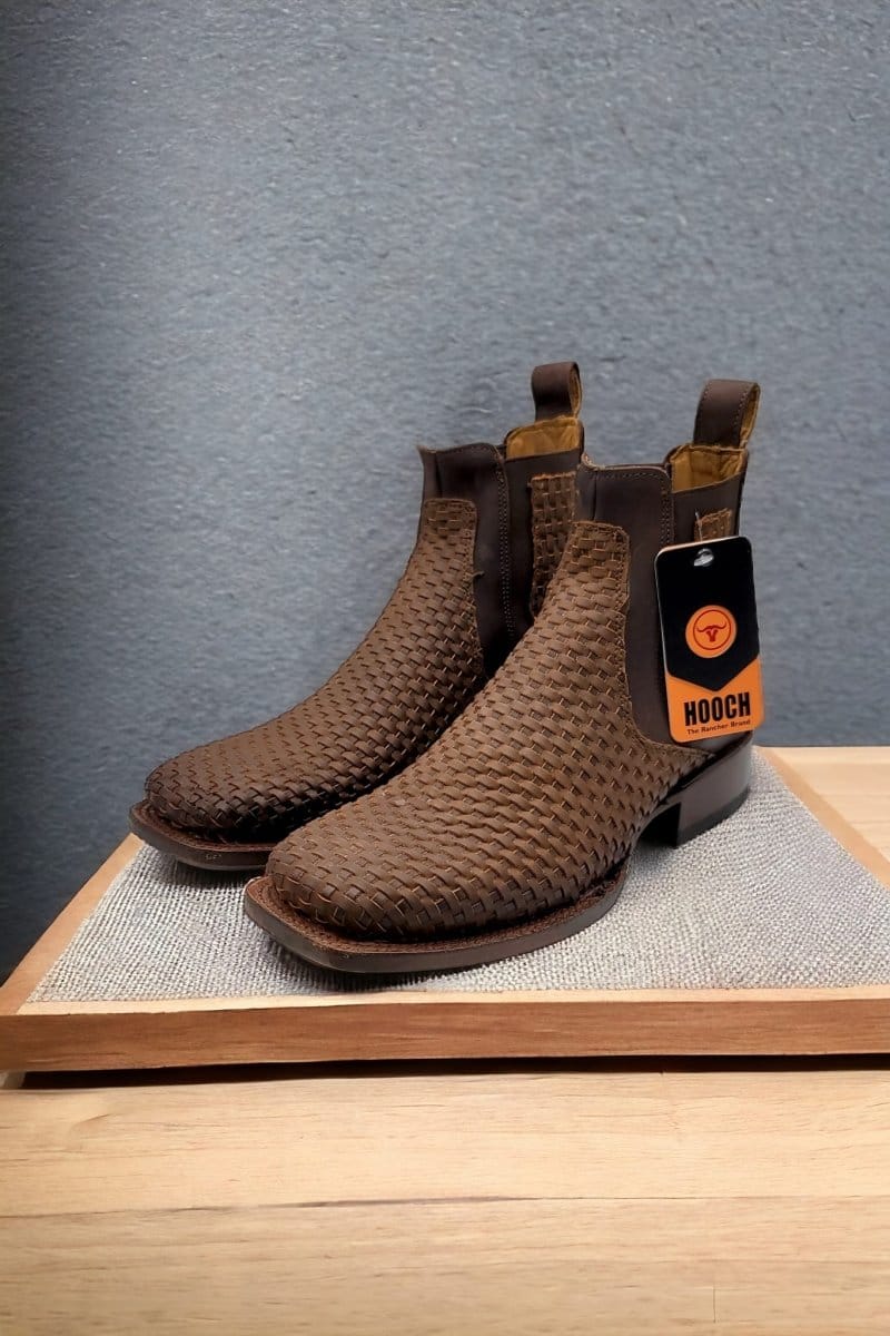 Hooch Boots Men's Handcrafted Brown Petatillo Woven Leather Square Toe Western Ankle Boots - Pair Side View