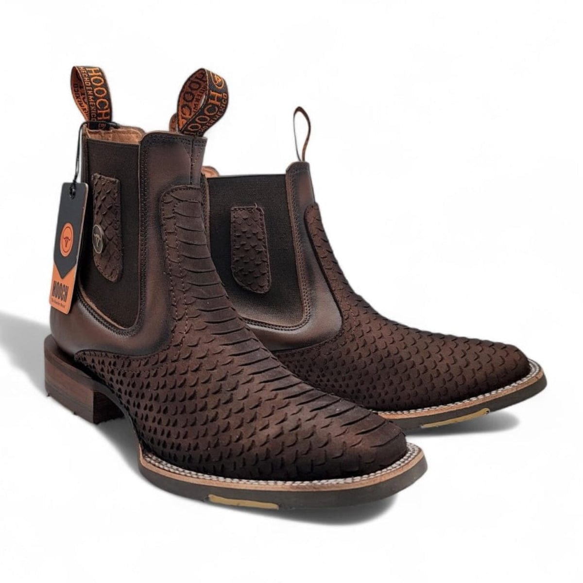 Hooch Boots Men's Handcrafted Chocolate Brown Nubuck Embossed Python Print Square Toe Western Ankle Boots - Pair Side View