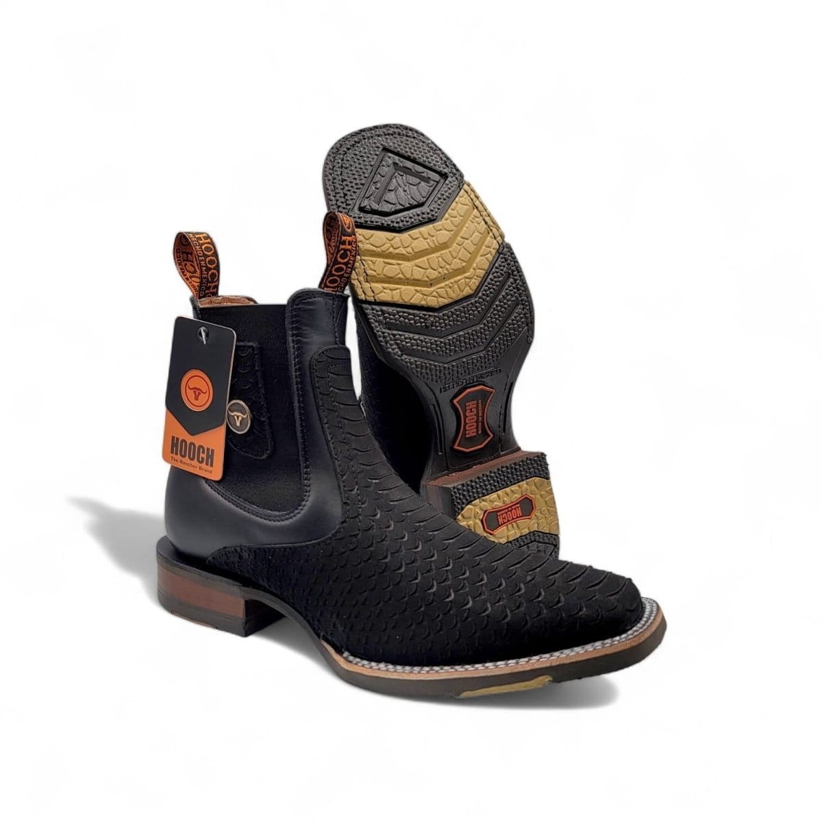 Hooch Boots Men's Handcrafted Black Nubuck Embossed Python Print Square Toe Western Ankle Boots - Side/Sole View
