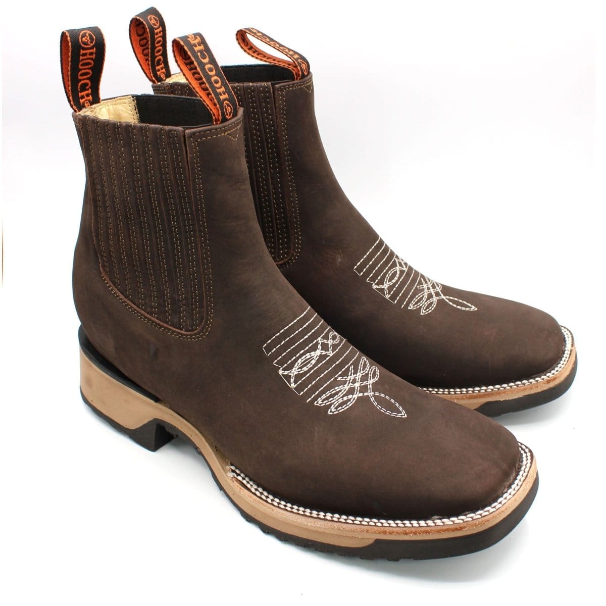 Hooch Boots Men's Handcrafted Chocolate Brown Crazy Genuine Leather Wide Square Toe Western Ankle Boots - Pair Side View