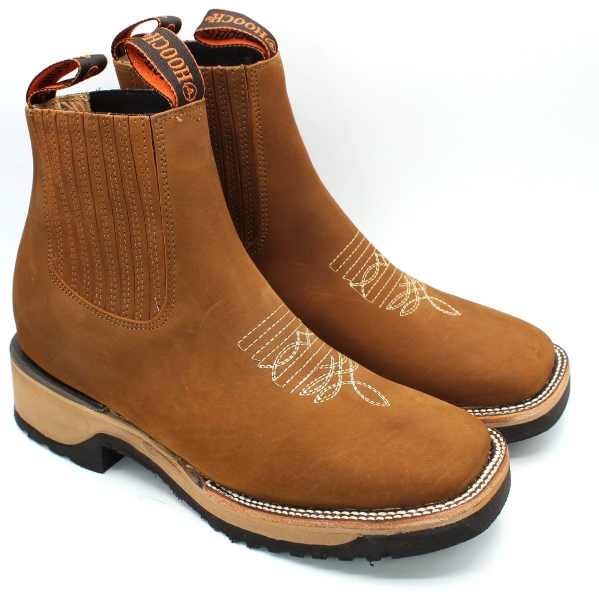 Hooch Boots Men's Handcrafted Tan Crazy Genuine Leather Wide Square Toe Western Ankle Boots - Pair Side View