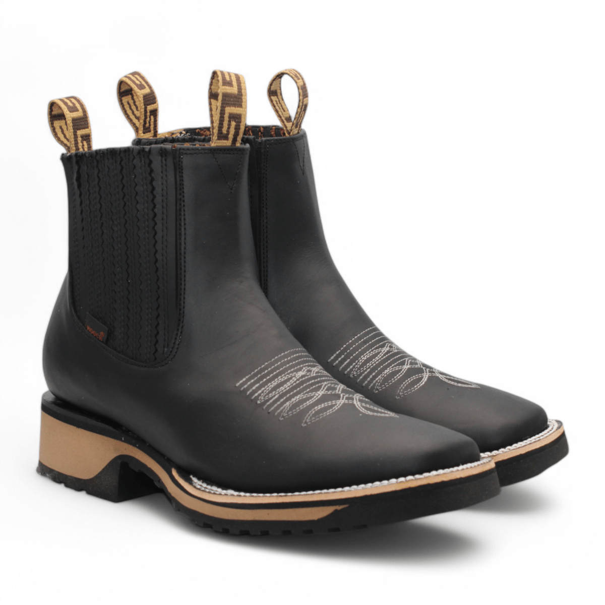 Hooch Boots Men's Black Crazy Genuine Leather Wide Square Toe Western Ankle Boots - Pair Side View