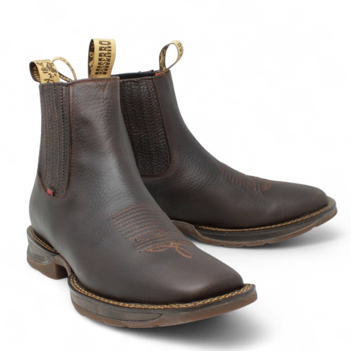 El Besserro Men's Handcrafted Brown Genuine Cowhide Leather Wide Square Toe Western Ankle Boots - Pair Side View