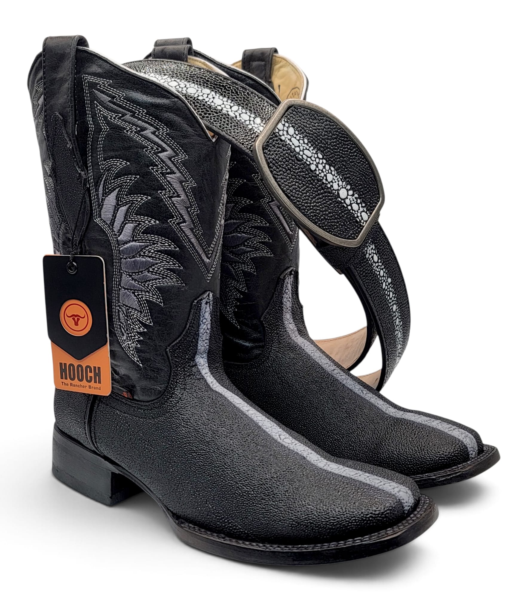 Hooch Men's Cowboy Boots Men's Genuine Leather Stingray Print Square Toe Boots and Belt Combo Black Color – Hooch Boots