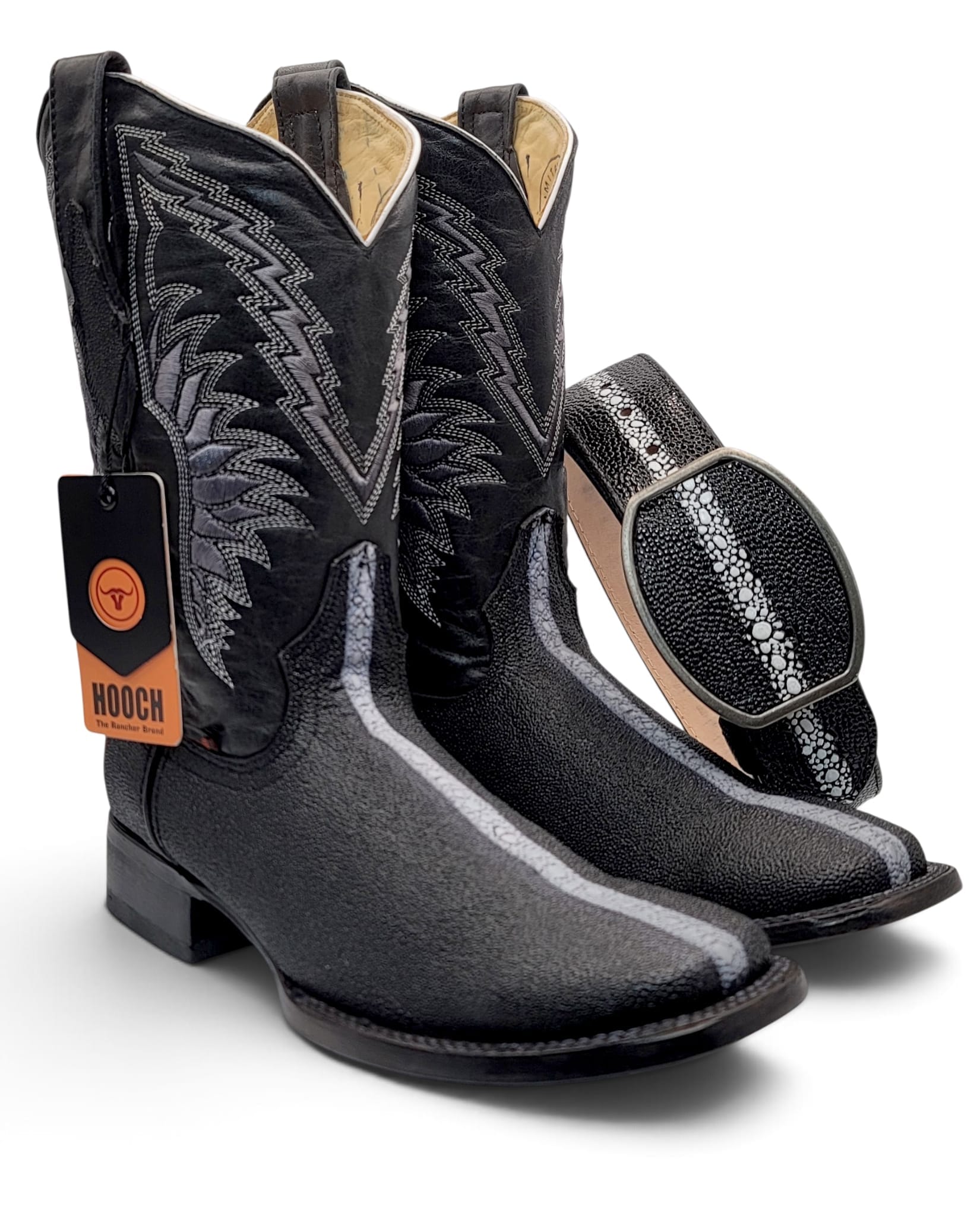 Hooch Men's Cowboy Boots Men's Genuine Leather Stingray Print Square Toe Boots and Belt Combo Black Color – Hooch Boots