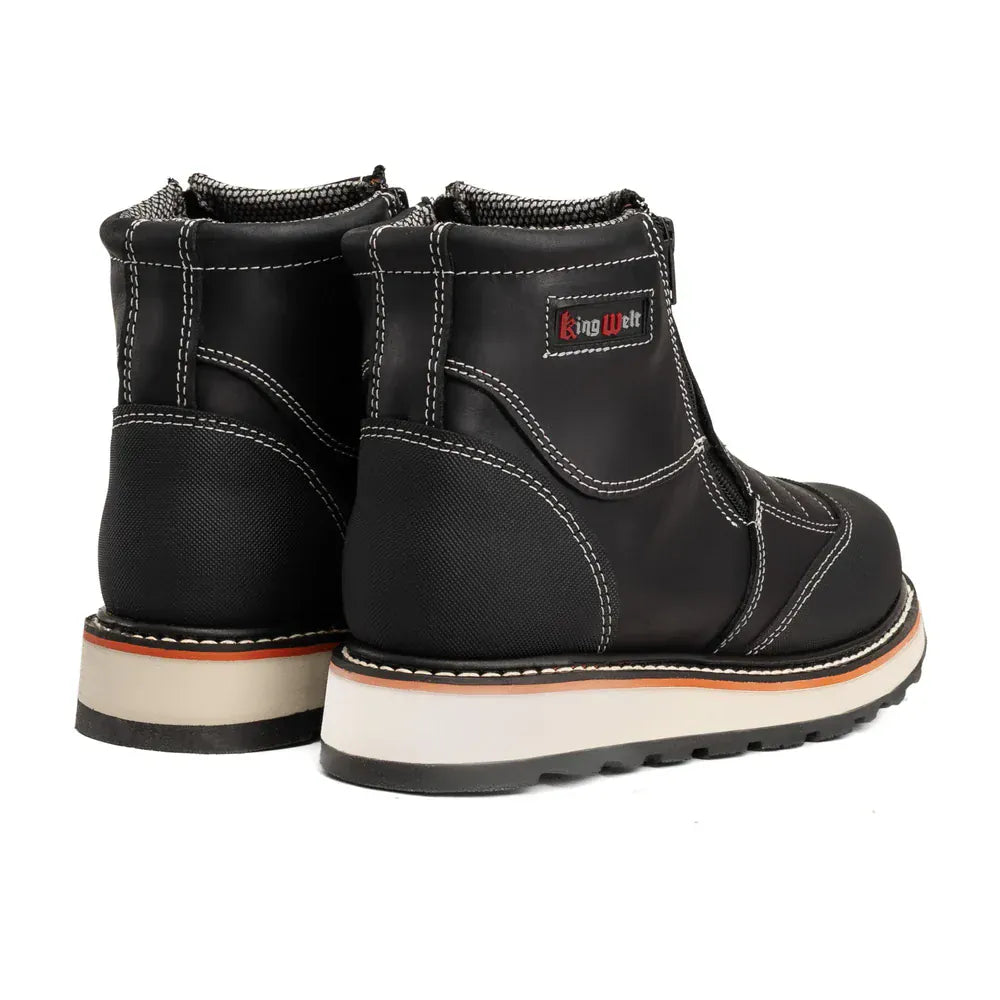 King Welt Boots Ultra Flex 6" Double Zipper Work Boots Soft Toe Full-Grain Leather Black Color - King Welt