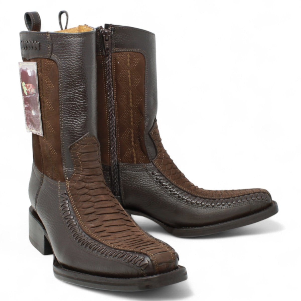 Men's Python Print Genuine Floater Leather Dubai Toe Boots Brown Color - La Carreta pair view