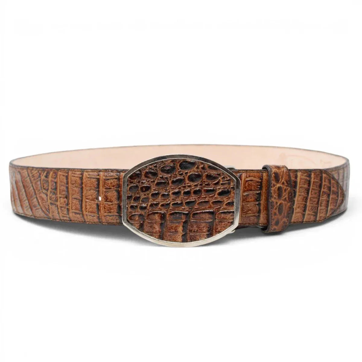 La Carreta Men´s Caiman Print Metal Buckle Western Belt - Honey - Front View