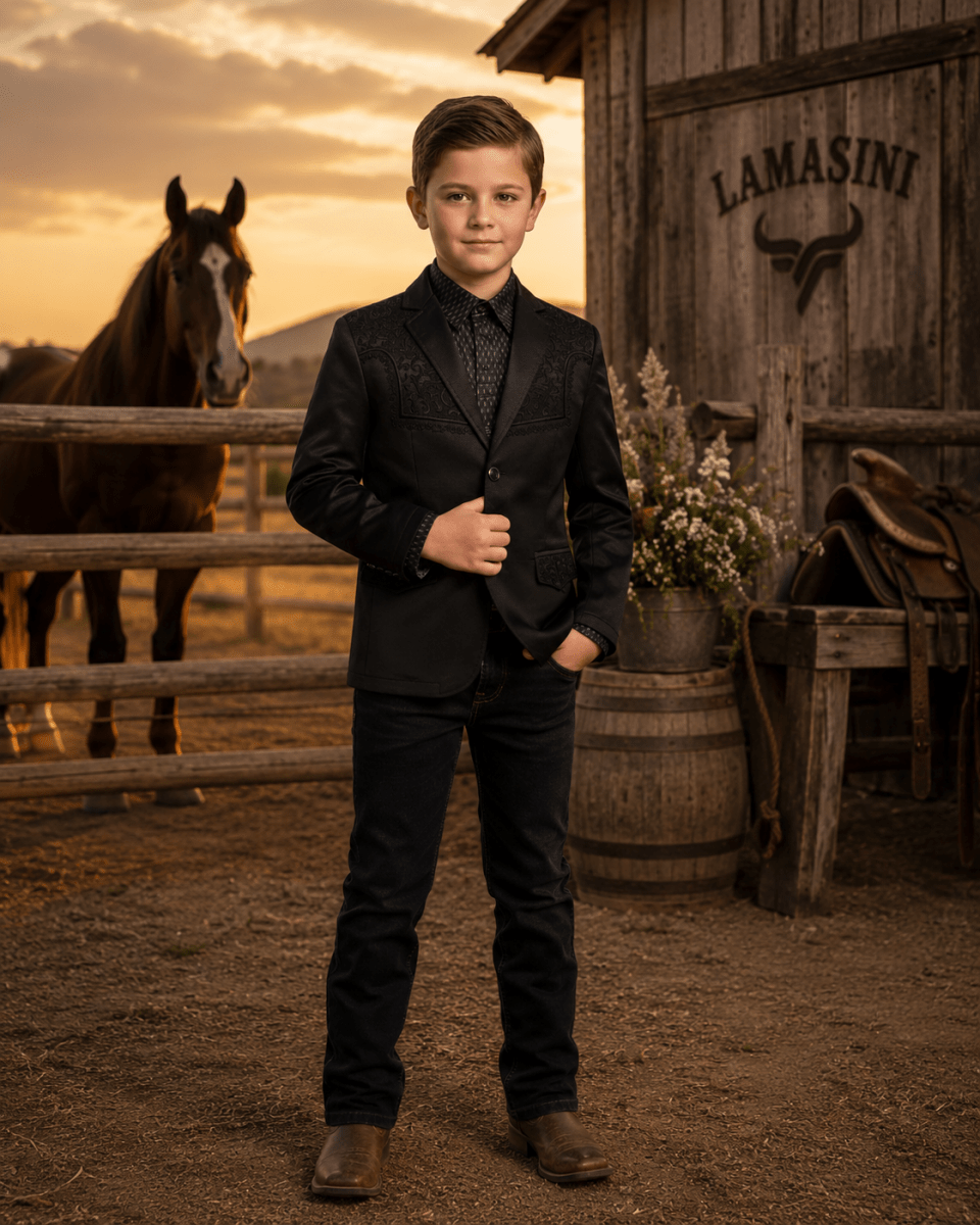 Boys' embroidered western blazer with formal style In Black by Lamasini