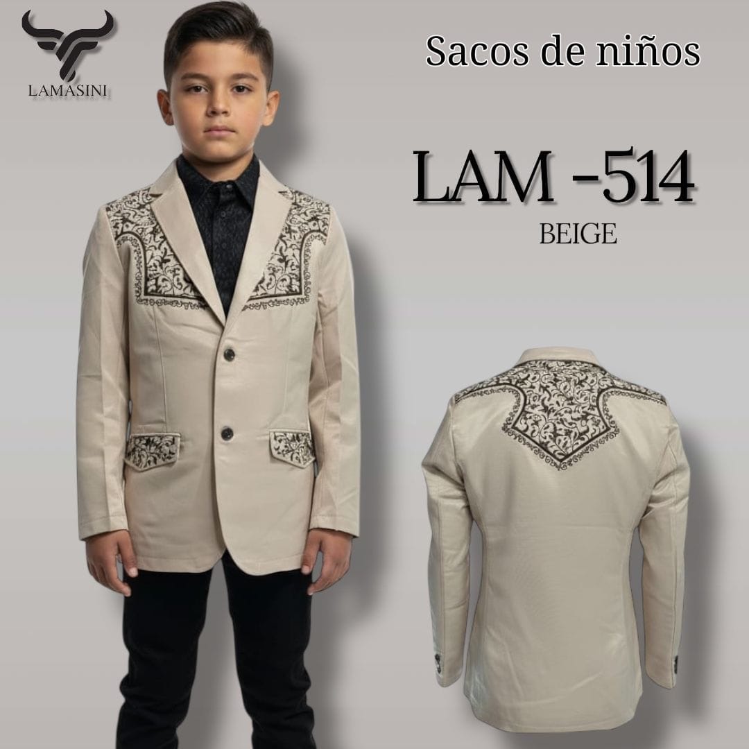 Boys' embroidered western blazer with formal style In Beige by Lamasini