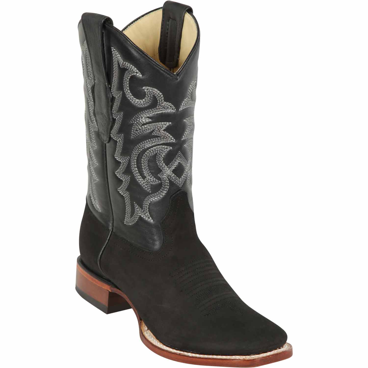Western Genuine Nobuck Leather Rodeo Wide Square Toe Boots Black Color - Los Altos Boots - Side View