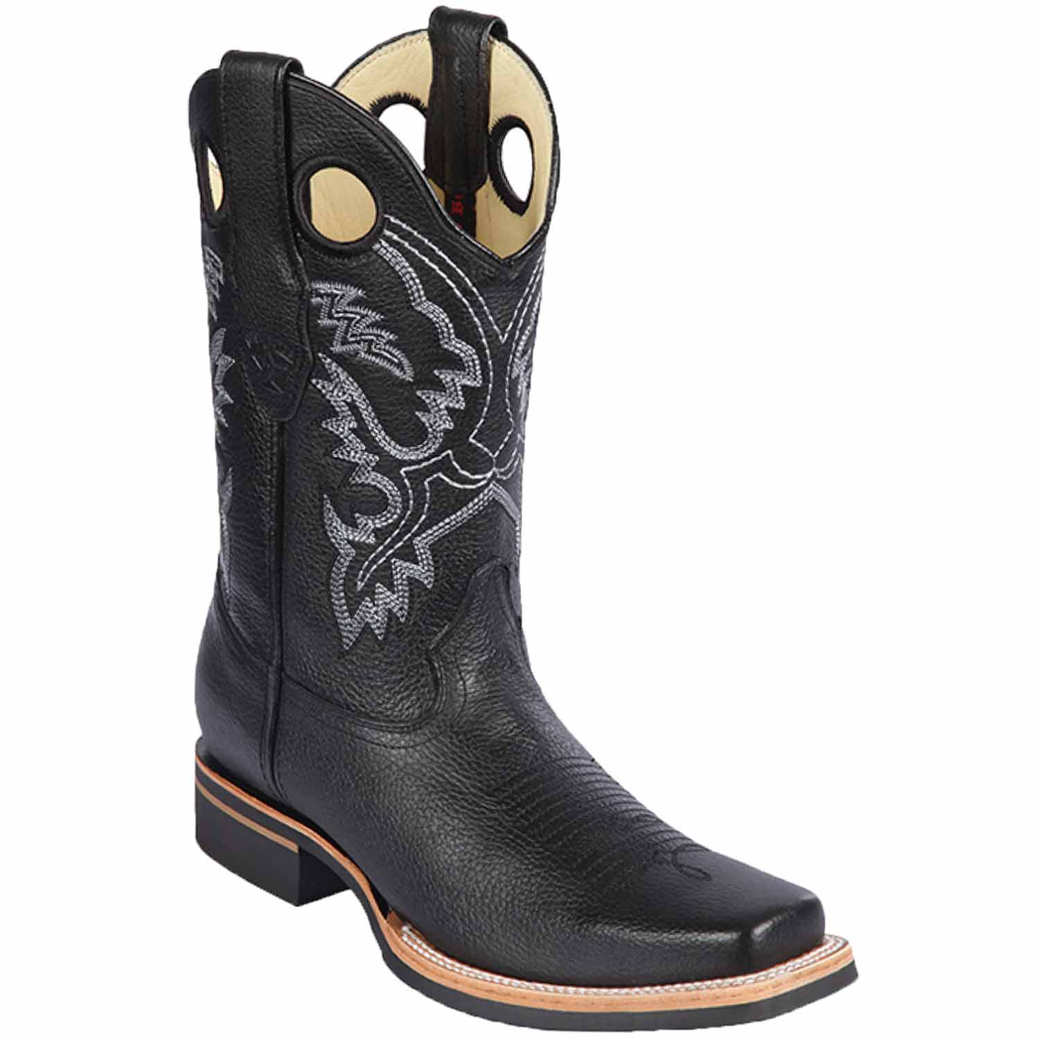 Western Genuine Grisly Leather Rodeo Square Toe Boots Black Color - Los Altos Boots - Side View