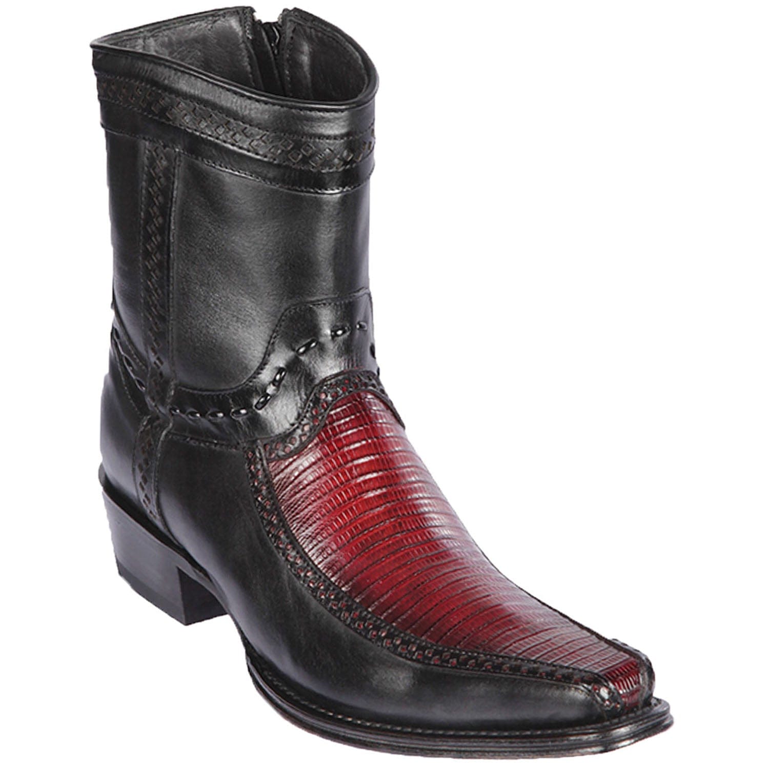 Men's Genuine Teju Lizard and Deer Skin European Square Toe Short Boots With Zipper Faded Burgundy Color - Los Altos Boots