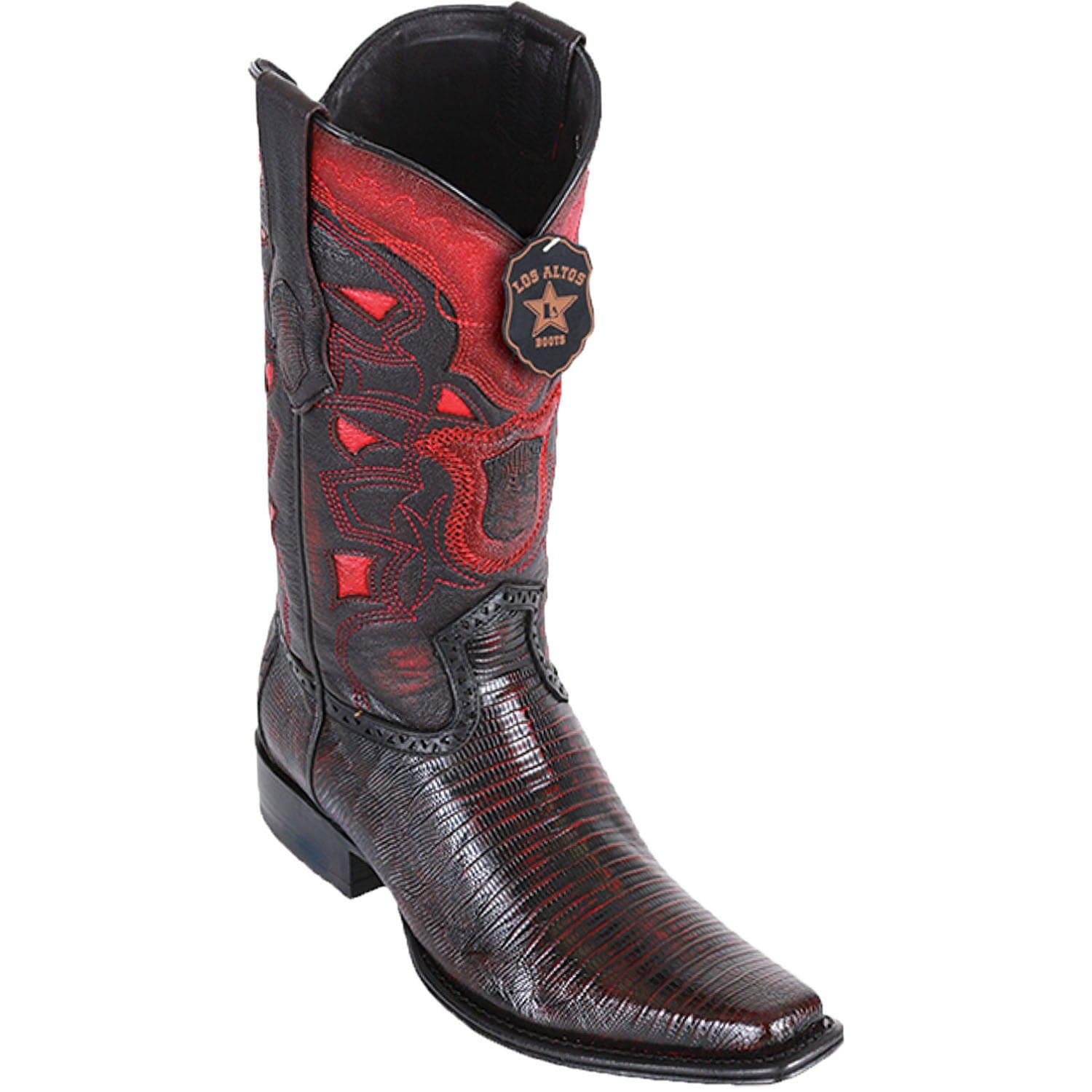 Western Genuine Teju Lizard Skin European Square Toe Boots Black Cherry Color - Los Altos Boots - Side View