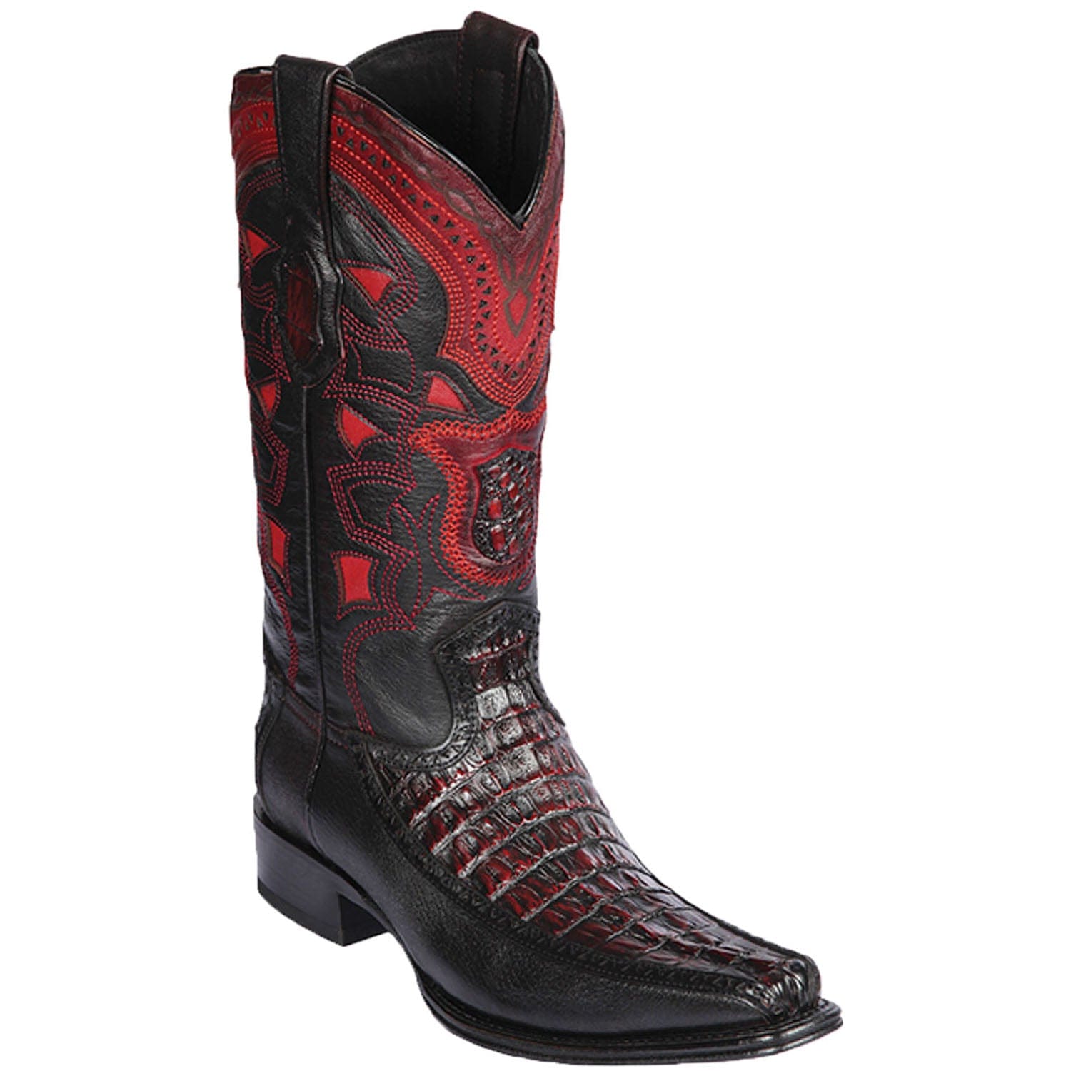 Men's Genuine Caiman Tail and Deer Skin European Square Toe Boots Black Cherry Color - Los Altos Boots - Side View