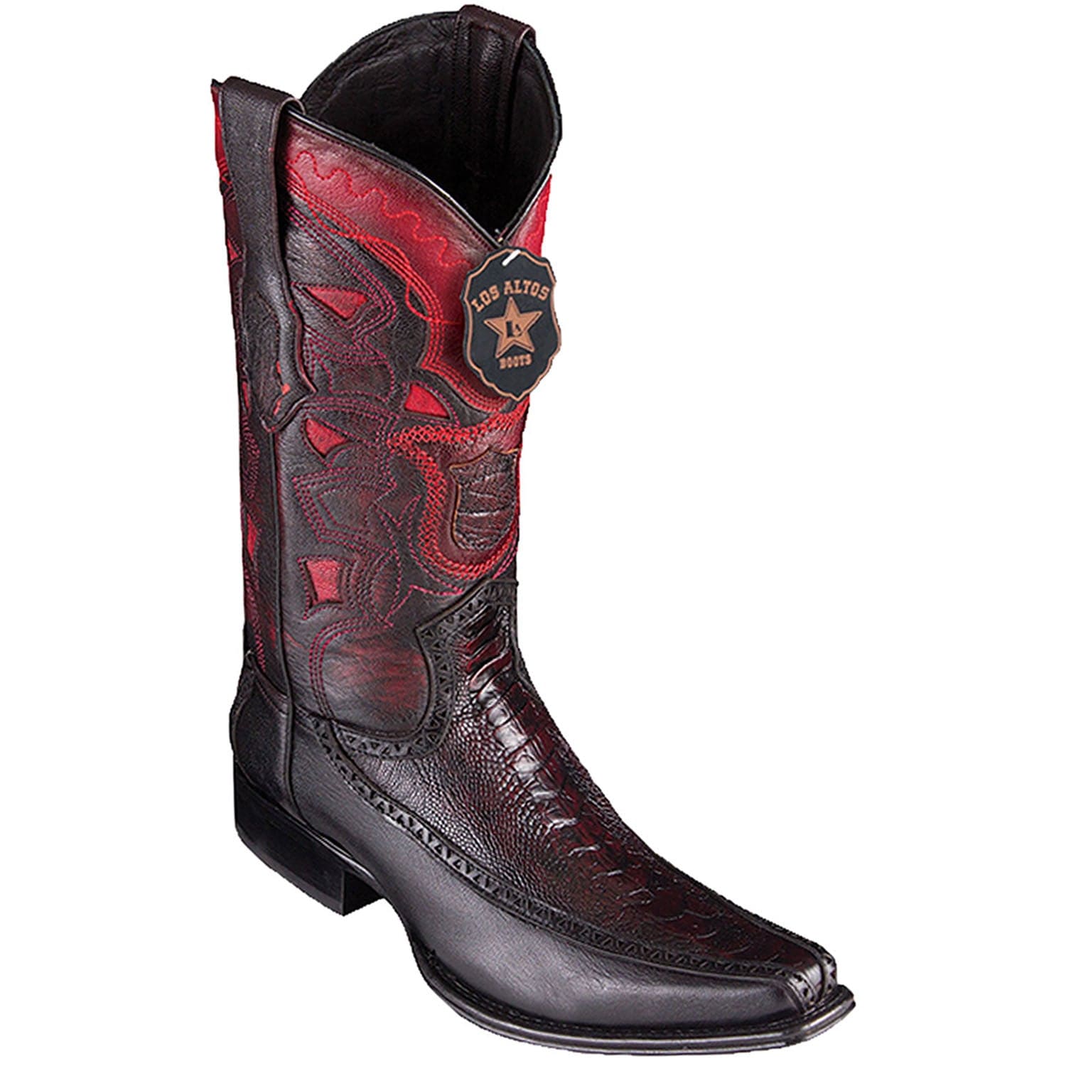 Men's Genuine Ostrich Leg and Deer Skin European Square Toe Boots Black Cherry Color - Los Altos boots - Side View