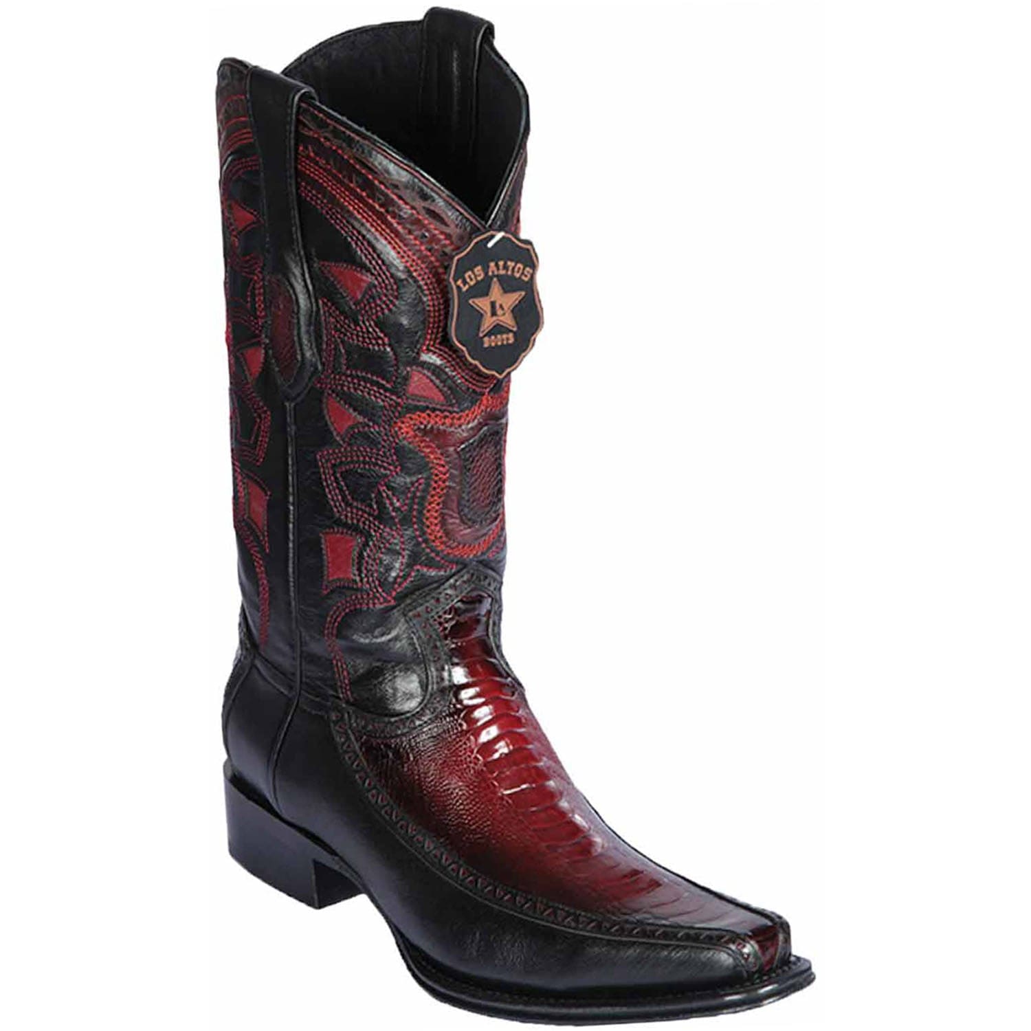 Men's Genuine Ostrich Leg and Deer Skin European Square Toe Boots Faded Burgundy Color - Los Altos boots - Side View