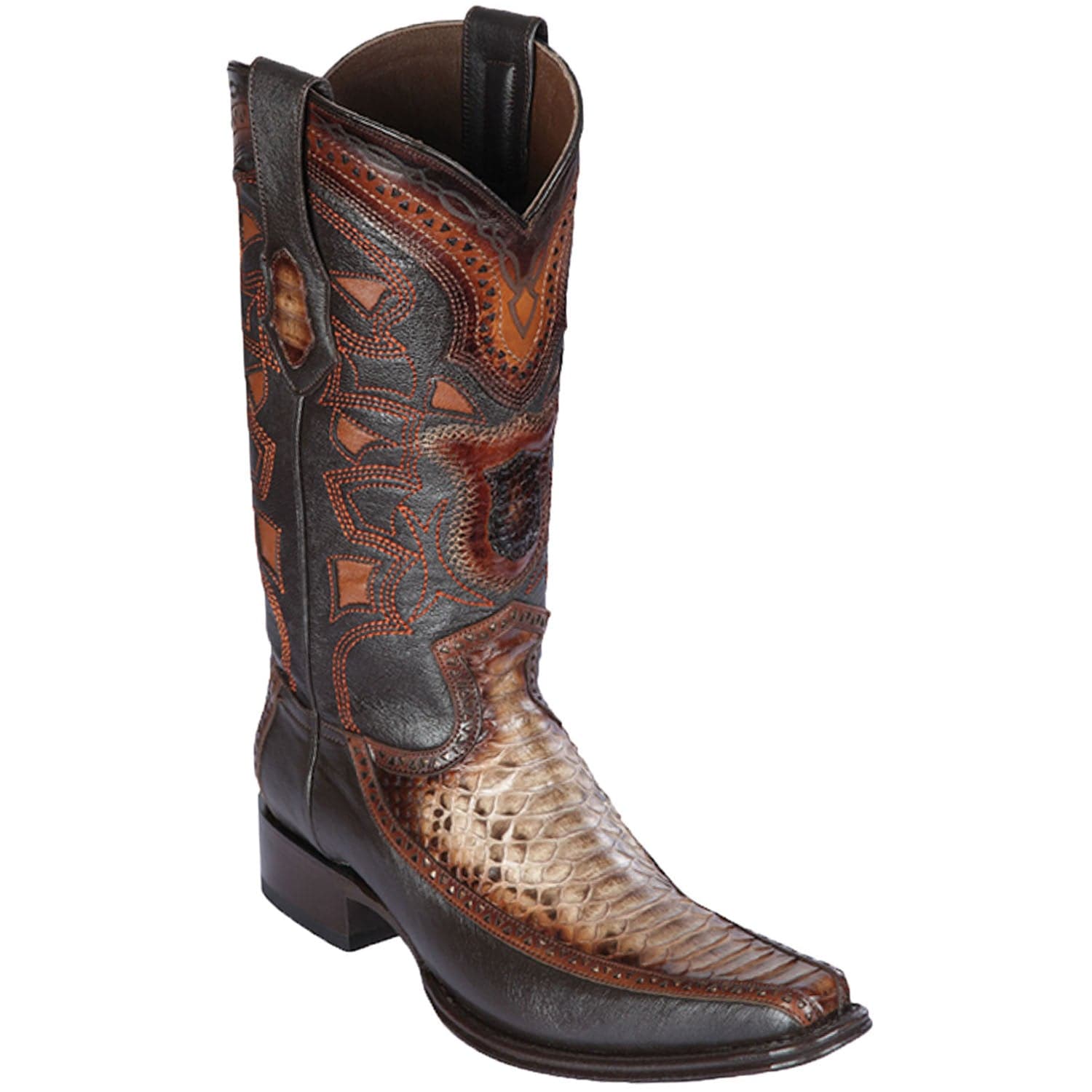 Men's Genuine Pythond and Deer Skin European Square Toe boots Rustic Brown Color - Los Altos Boots - SIde View