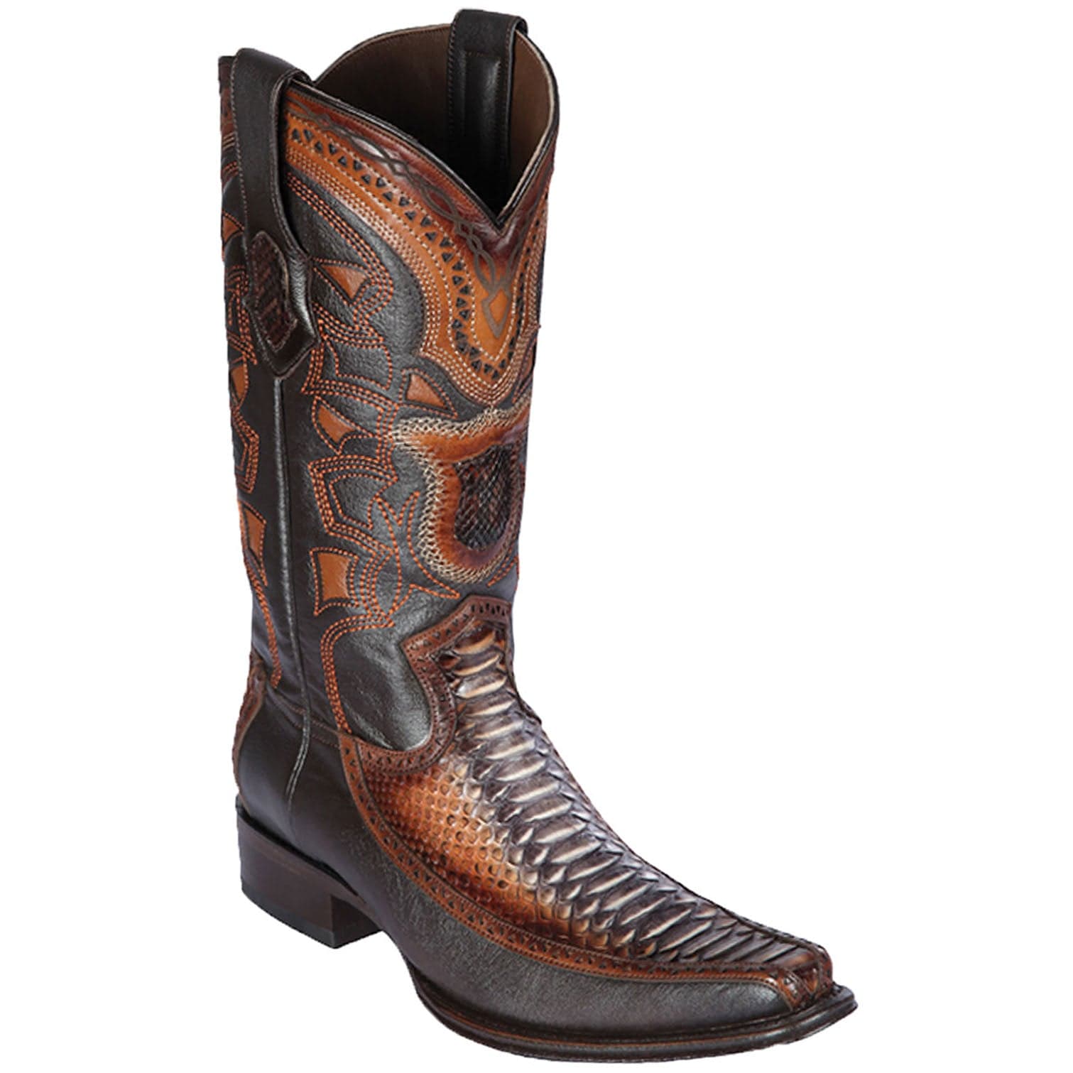 Men's Genuine Pythond and Deer Skin European Square Toe boots Rustic Cognac Color - Los Altos Boots - SIde View